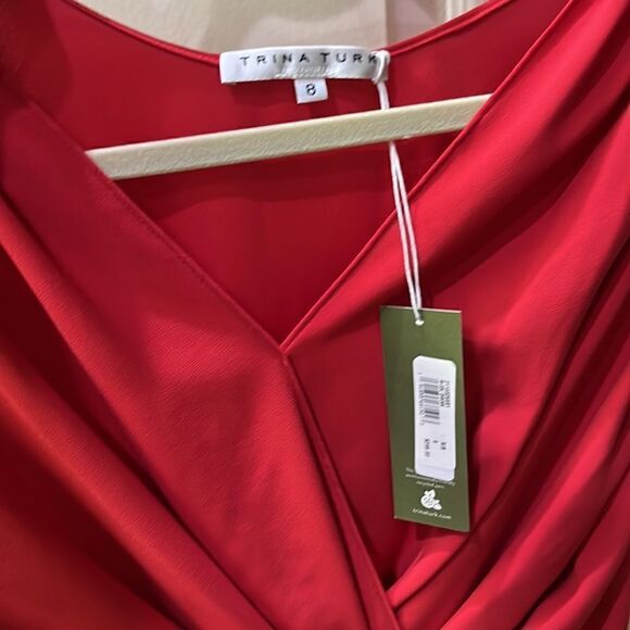 NWT Trina Turk Women’s 8 Red Midi Bijou Dress with Gathered Cap Sleeves & Front - Picture 9 of 16